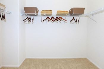 A closet with shoe racks and cardboard boxes on it